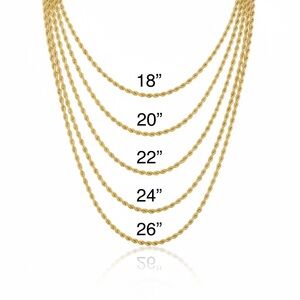 3mm  Rope Chain Necklace – 18” to 26” | Gold Plated Chain for Men or Women |